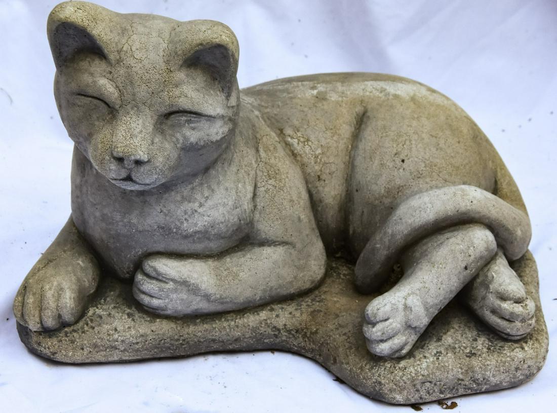Cast Cement Statue of Reclining Cat (1 of 5)