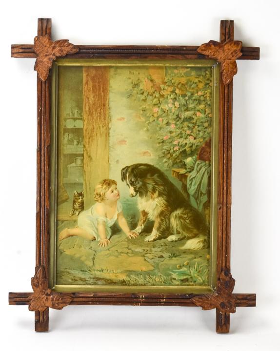 Black Forest Frame with Baby Lithograph: Black Forest Frame with Baby Lithograph. Frame carries a vintage lithograph of a baby with pets, looking at the dog. 19 inches x 15 inches