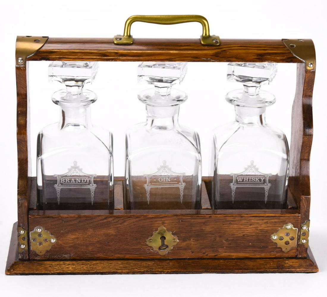 Antique  English Oak,  Brass Tantalus 3 Decanters (1 of 9)