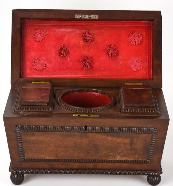 Antique English Flame Mahogany Carved Tea Caddy (1 of 6)