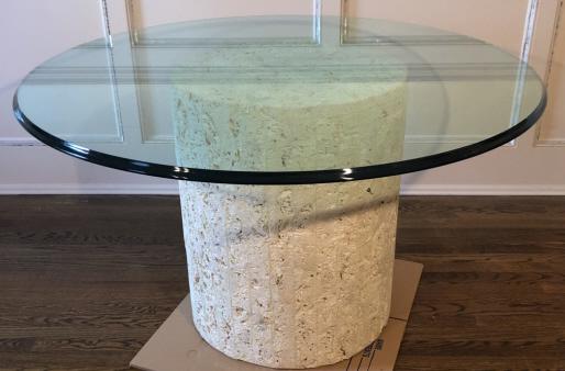 Contemporary Composite Cylinder Base Glass Table: Contemporary Composite Cylinder Base Glass Top Table. Base is poured stone, cement, and composite. Glass top on base measures 29 inches x 48 inches in diameter. Base along measures 27 inches x 22 in d