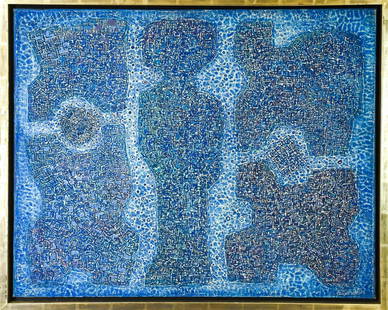 Estuardo Maldonado Recuerdo de Forma Oil Painting: Estuardo Maldonado Recuerdo de Forma Oil Painting. Oil on canvas painting titled "Recuerdo de Forma" by artist Estuardo Maldonado. Signed on front and back, dated 1960. Frame measures 28 inches x 34.5