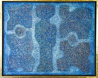 Estuardo Maldonado Recuerdo de Forma Oil Painting: Estuardo Maldonado Recuerdo de Forma Oil Painting. Oil on canvas painting titled "Recuerdo de Forma" by artist Estuardo Maldonado. Signed on front and back, dated 1960. Frame measures 28 inches x 34.5