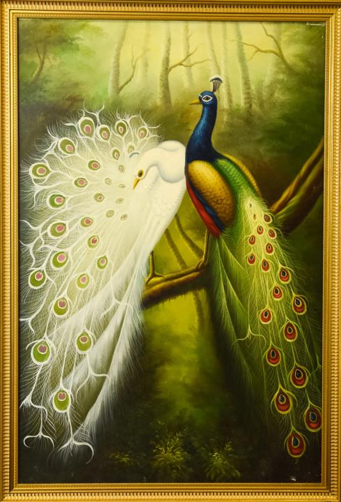 Oil Painting of Two Exotic Peacocks (1 of 4)