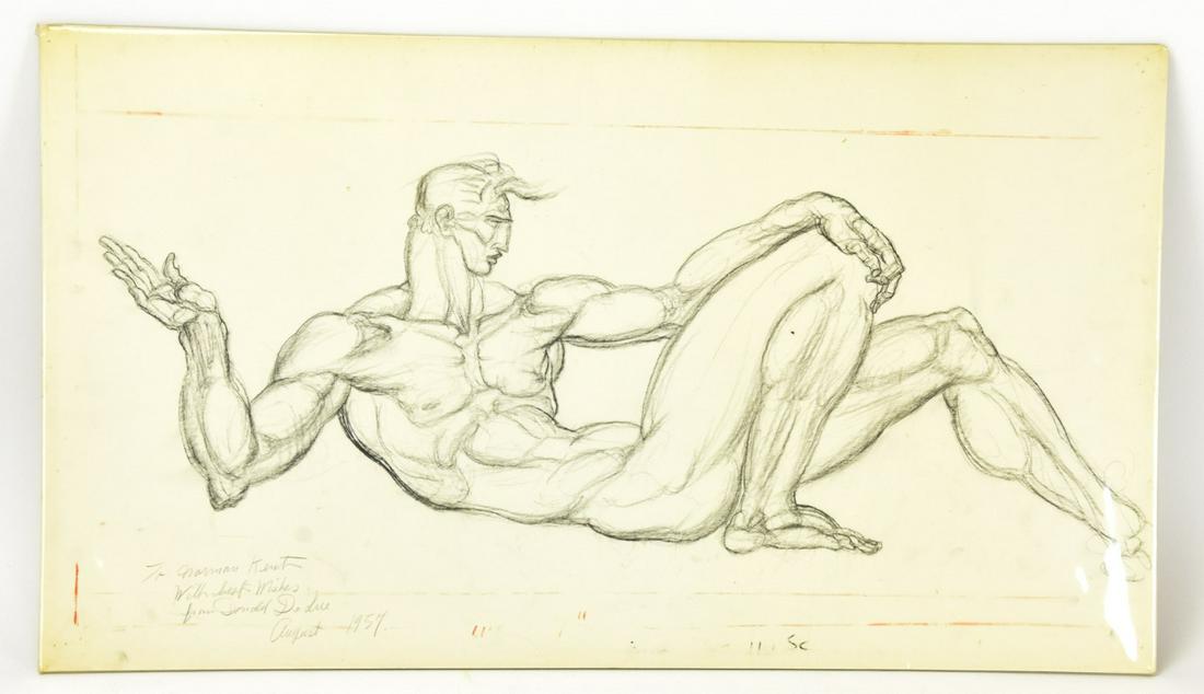 Donald De Lue 1957 Male Nude Drawing: Donald De Lue 1957 Male Nude Drawing. Pencil drawing depicting a reclining male nude figure, signed by artist Donald De Lue (1897 - 1988), personalized to Norman Kent and dated August 1957. Measures 1