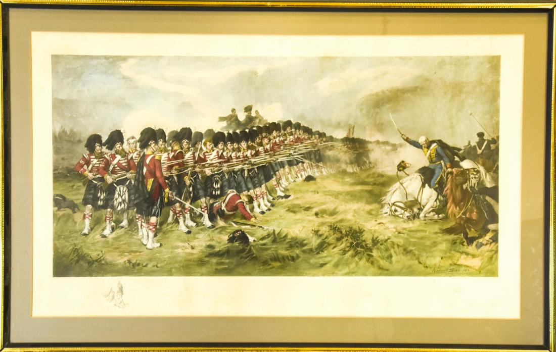 Robert Gibb Signed Battle Scene Engraving: Robert Gibb Signed Battle Scene Engraving. Engraving depicting a battle scene signed by artist Robert Gibb. Frame measures 22 inches x 34.5 inches.