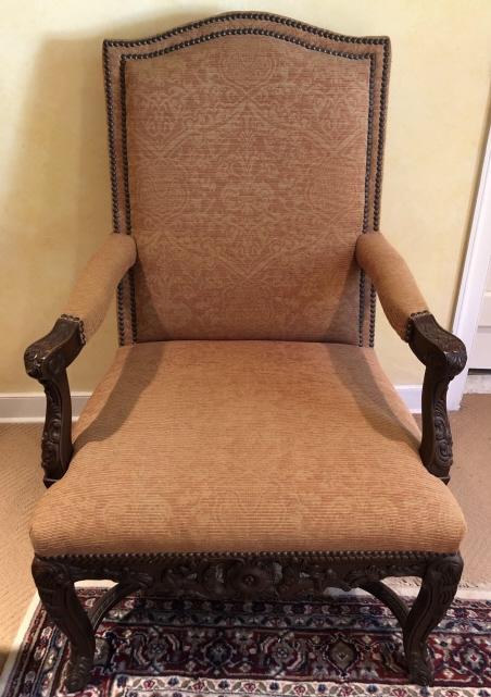 Antique French Renaissance Thrown Style Chair: Antique French Renaissance Thrown Style Chair. Carved chair with tapestry upholstery and nail head trim. 48 inches x 22 inches x 33 inches