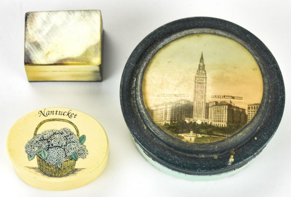 Bone, Tine & Souvenir Jewelry or Trinket Boxes: Bone, Tine & Souvenir Jewelry or Trinket Boxes. Carved bone, Nantucket and Cleveland Ohio. Largest measures 2.5 inches in diameter.