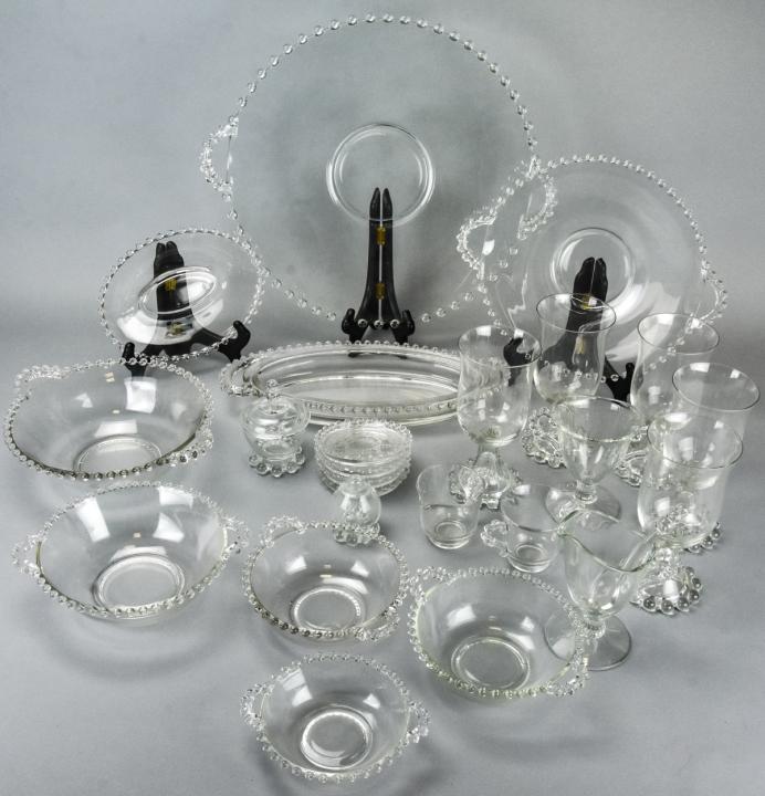 Imperial Glass Candlewick Serveware Set: Imperial Glass Candlewick Serveware Set. Includes serving pieces and glassware. Goblets each measure 6.5 inches x 3 inches.