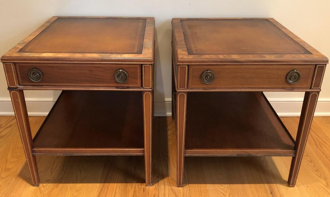 Pair Mid Century Regency Inlaid Leather Top Tables (1 of 5)
