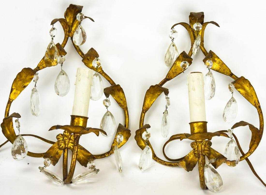 Pair Hollywood Regency Gilt & Crystal Wall Sconces (1 of 9)
