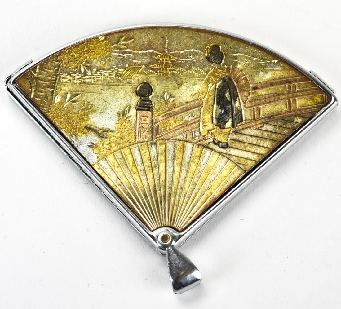 Vintage Japanese Motif Fan Shape Necklace Pendant: Vintage Japanese Motif Fan Shape Necklace Pendant Locket That Opens to Fan. Measures just under 3 inches in width