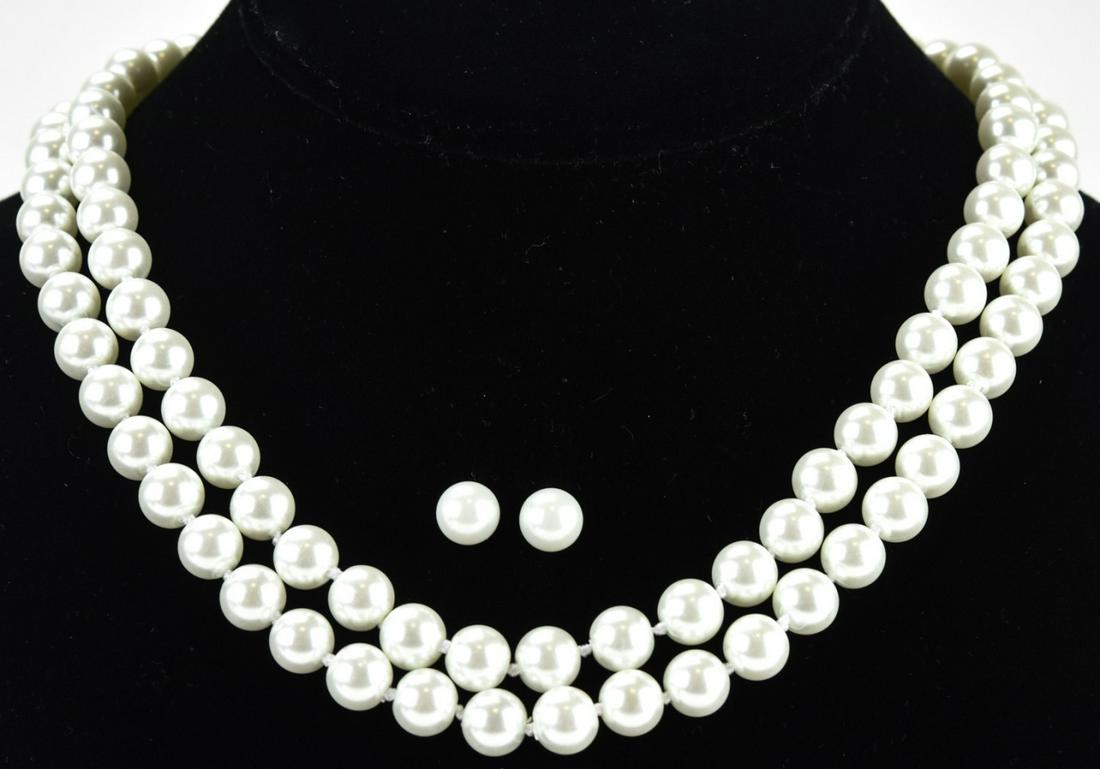 Pair Hand Knotted Pearl Necklaces w Stud Earrings (1 of 8)