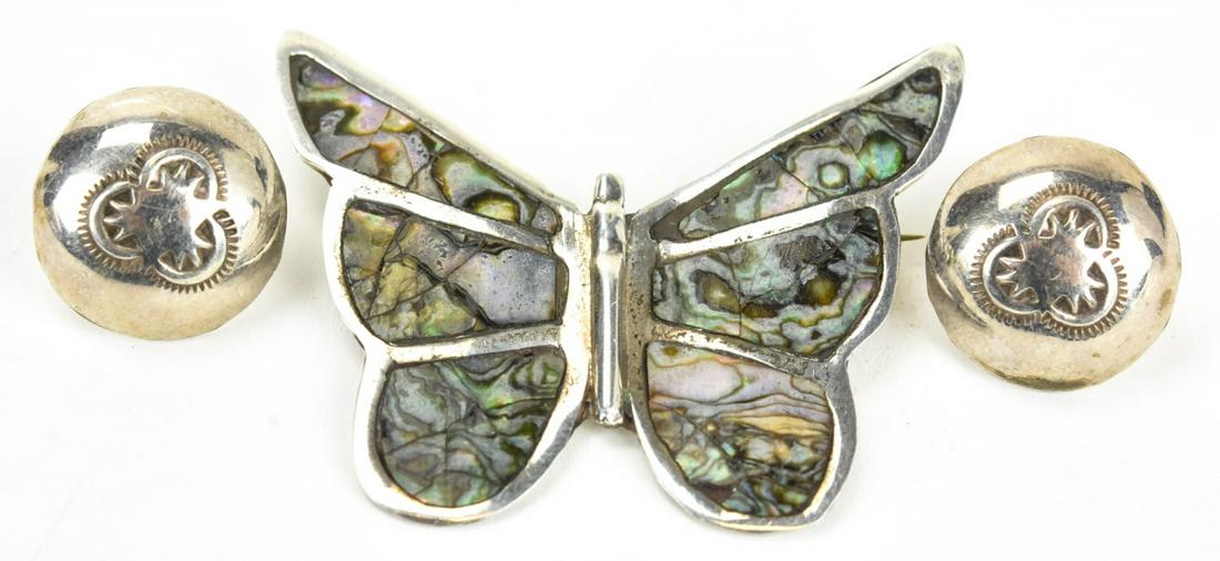 Native American & Mexican Sterling Jewelry Group: Native American & Mexican Sterling Jewelry Group. Butterfly brooch and earrings. Brooch measures 2 inches in width.