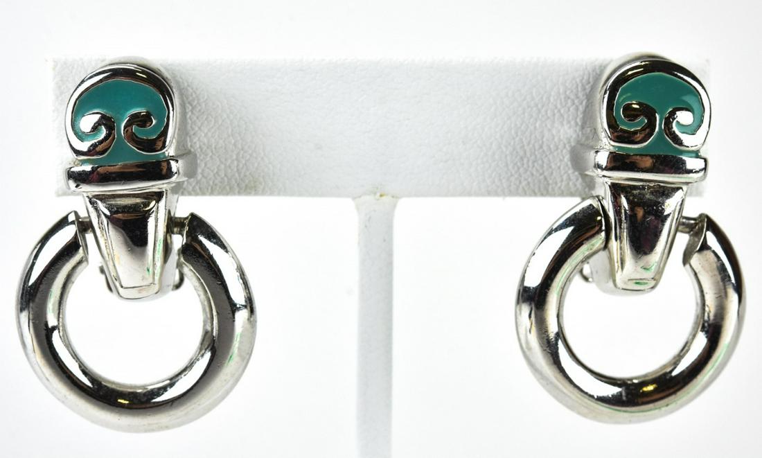 Pair Erwin Pearl C 1990 Sterling & Enamel Earrings: Pair Erwin Pearl C 1990 Sterling & Enamel Earrings. Pair sterling door knocker clip earrings with robins egg blue enamel. Hallmarked and signed. Each measures 1.5 inches in length.