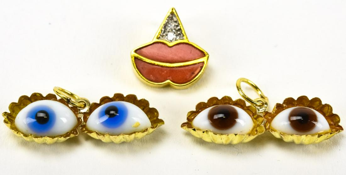 Vintage 14kt Gold Eyeball & Lip Charms Pendants: Vintage 14kt Gold Eyeball & Lip Charms Pendants. Eyeballs measure 1 inch in width.