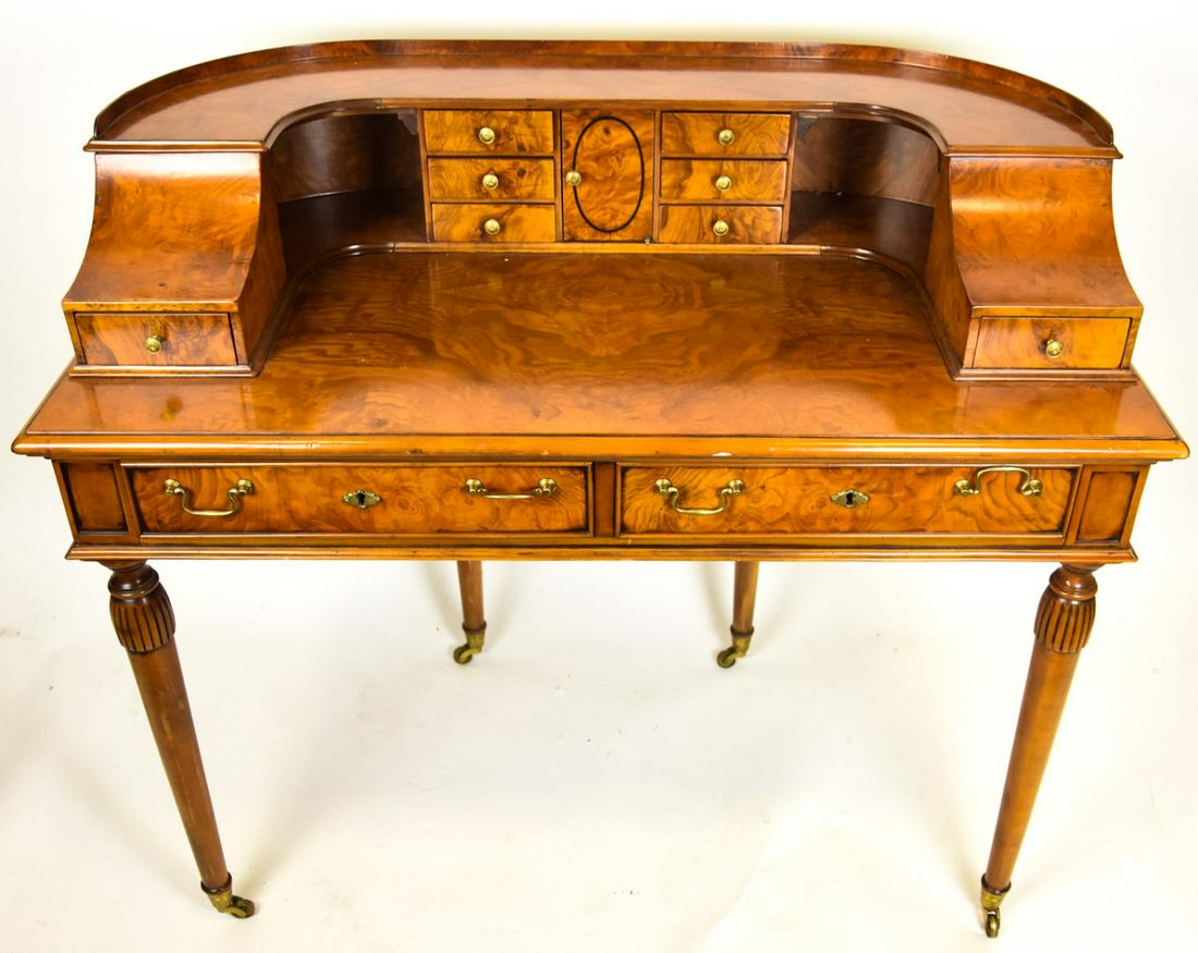 English Sheraton Giemme Italy Burled Secretary: English Sheraton Giemme Italy Burled Wood Secretary Desk. Burled wood secretary / desk with brass ormolu mounts. 40 inches x 44 inches x 20 inches