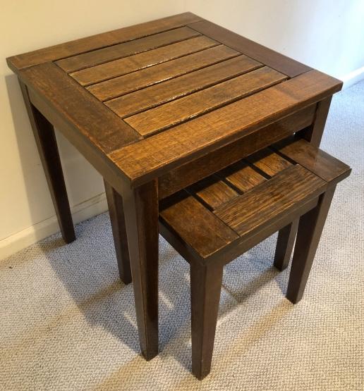 Nesting Teak Boating Side Tables: Nesting Teak Boating Side Tables. Varnished teak. 23 inches x 20 inches x 20 inches