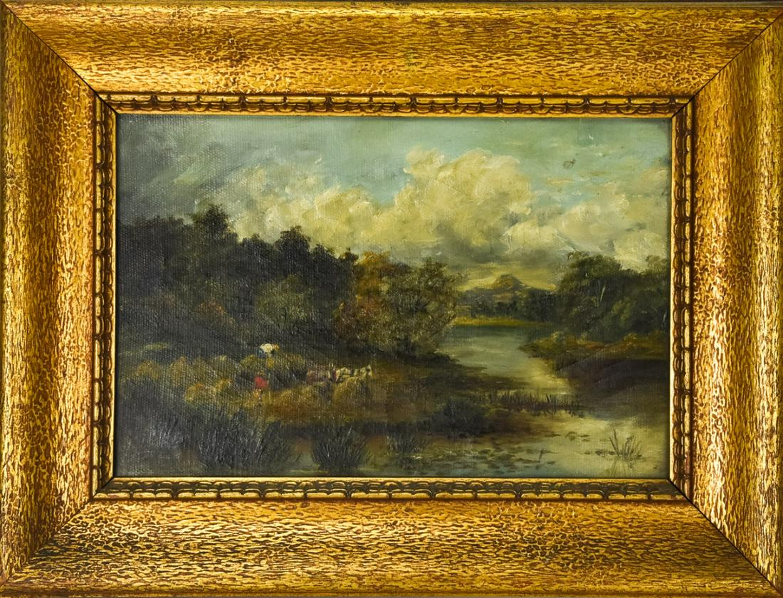 Antique C 1900 English Landscape Oil Painting: Antique C 1900 English Landscape Oil Painting w Gilt Frame. English landscape oil painting on canvas, country side landscape with farm animals. Measures 12.5 x 16.5 inches.