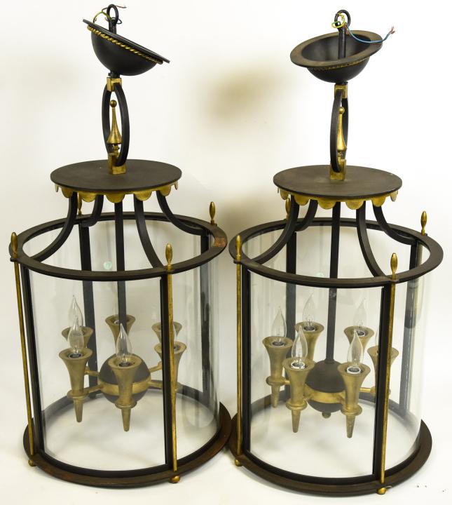Pair Porte Cochere Brass Toned & Glass Lanterns (1 of 5)