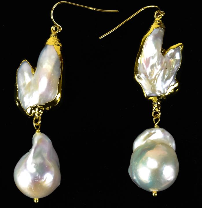 Pair of Gold Baroque & Blister Pearl Earrings: Pair of Gold Cultured Baroque & Blister Pearl Earrings. Gold plated earrings each with one baroque and one blister pearl. Each measures 2.75 inches in leng=gth.