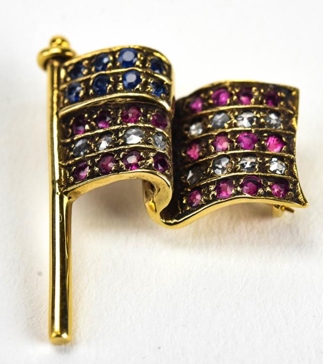 Estate 14kt Gold Diamonds Ruby & Sapphire Flag Pin (1 of 7)