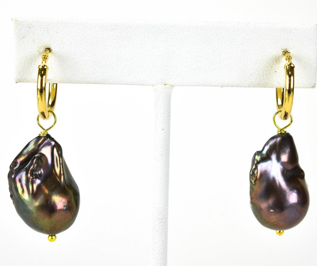 Pair Gold Vermeil Tahitian Baroque Pearl Earrings: Pair Gold Vermeil Cultured Tahitian Baroque Pearl Earrings. Each measures 1.5 inches in length.