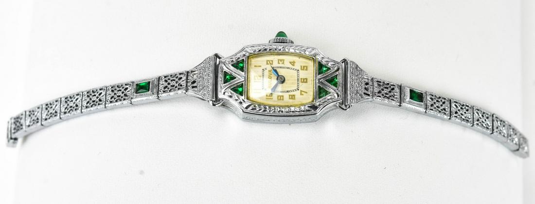 Art Deco Style Rhodium Plated Bulova Ladies Watch: Art Deco Style Rhodium Plated Bulova Ladies Watch w Created Emeralds.