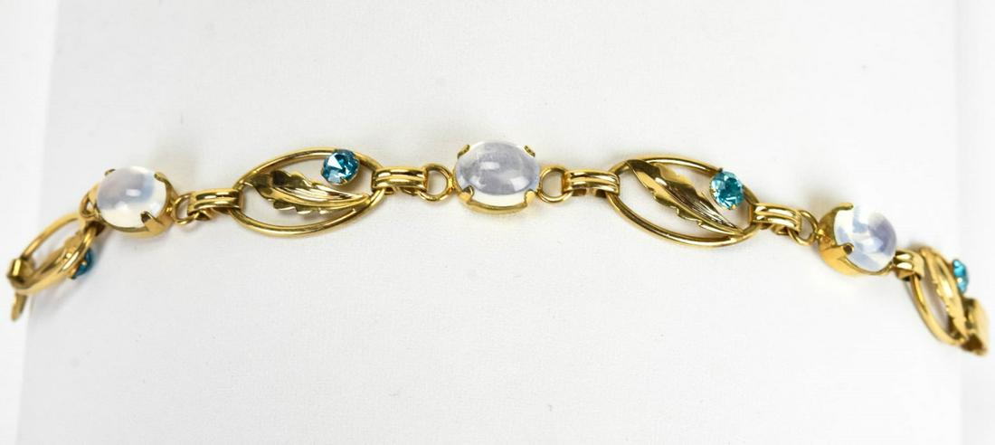 Retro 1950s Gold Fill Bracelet w Aqua & Moonstone: Retro 1950s Gold Fill Bracelet w Aqua & Moonstone Rhinestones / Crystal. Hallmarked. Measures just over 7 inches in length.