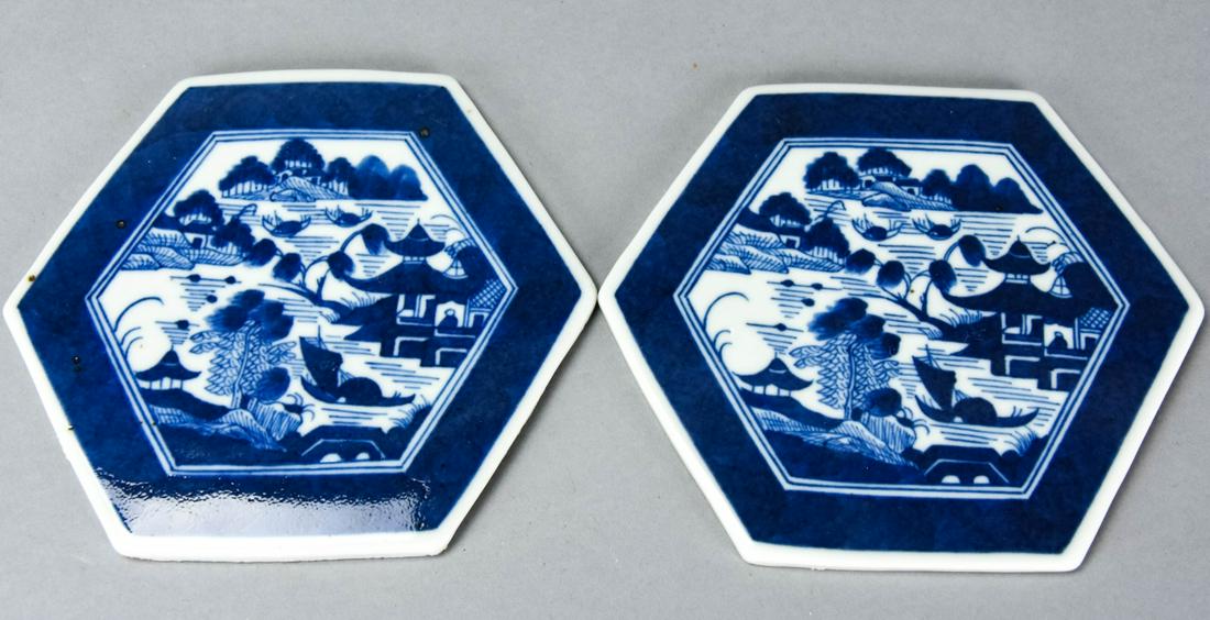 Pair Chinese Blue & White Canton Tiles / Plaques (1 of 4)