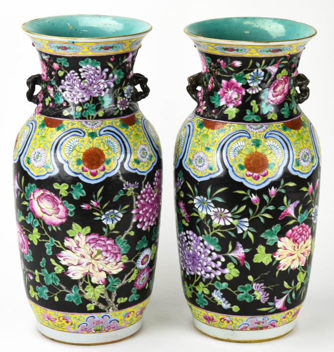 Pair Antique Asian Famille Noir Porcelain Vases (1 of 8)