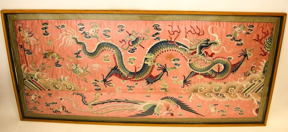 Large Antique Asian Silk Framed Tapestry w Dragon (1 of 6)