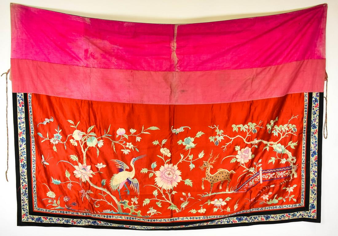 Large Antique Asian Silk Tapestry Crane, Antelope (1 of 7)