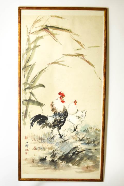 Chinese Watercolor Painting of Rooster & Hen (1 of 5)