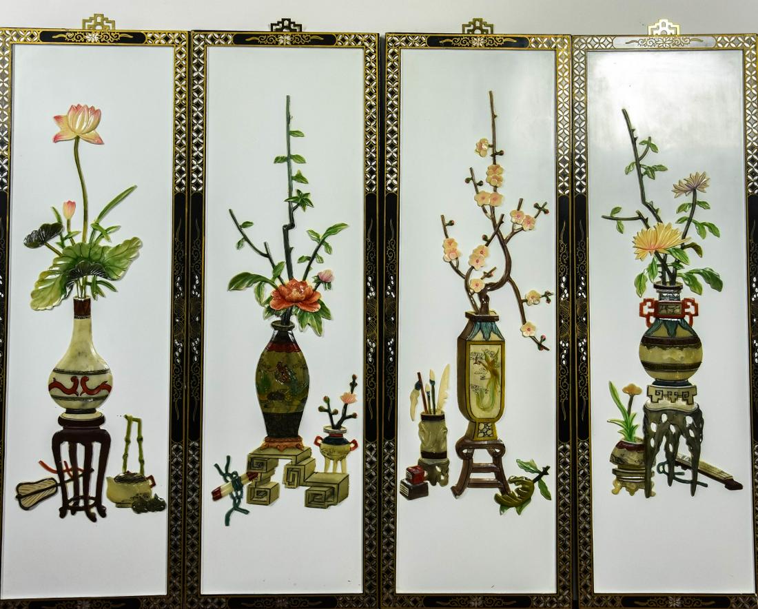 4 Chinese Carved Stone & Hand Painted Wall Plaques (1 of 5)