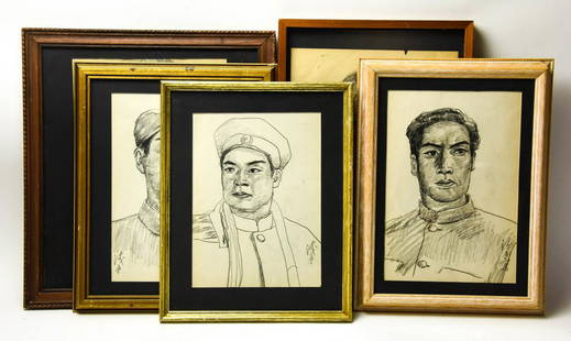 5 Chinese Portrait Pencil Drawings Signed: 5 Chinese Portrait Pencil Drawings Signed. Depicting men and women. All are professionally framed. Larger measures 18.25 inches x 12 inches.