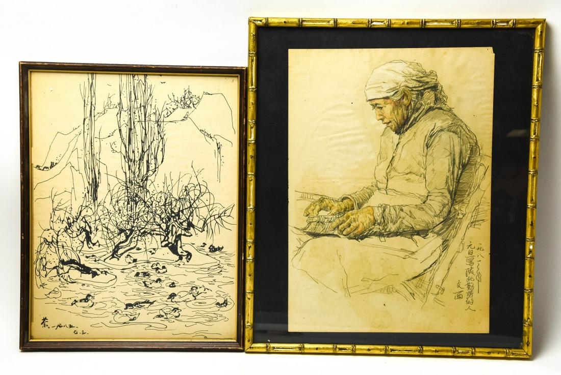 2 Chinese Ink & Pencil Drawings Signed (1 of 6)