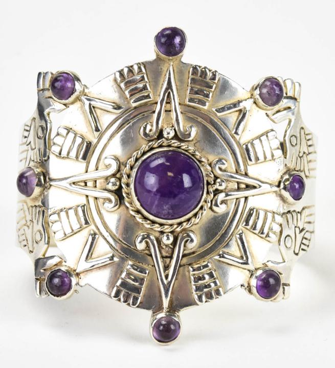 Vintage Taxco Mexico Silver Amethyst Cuff Bracelet (1 of 6)