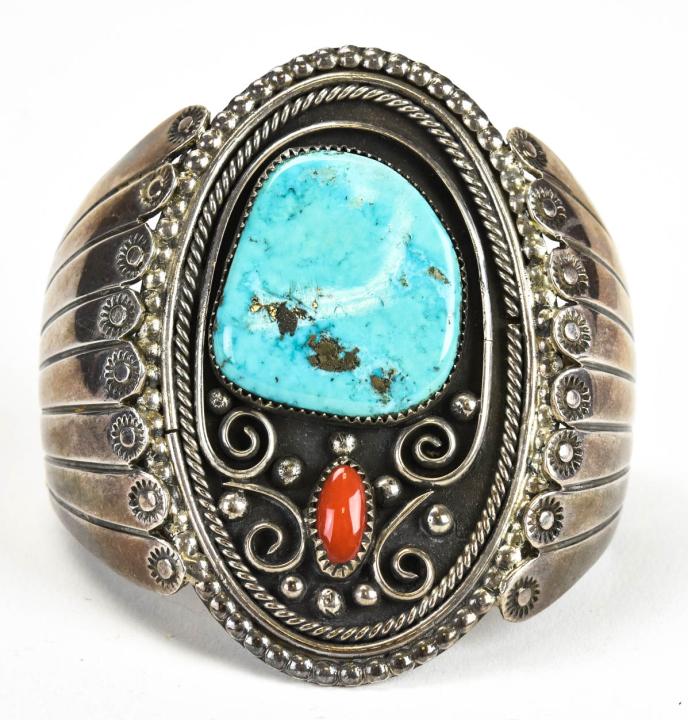 Huge Native American Silver Coral Turquoise Cuff (1 of 5)