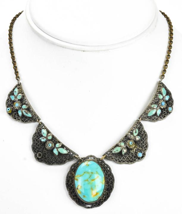 Antique Filigree & Czech Glass Cabochon Necklace: Antique Filigree & Czech Glass Cabochon Necklace. Measures nearly 15 inches in length.