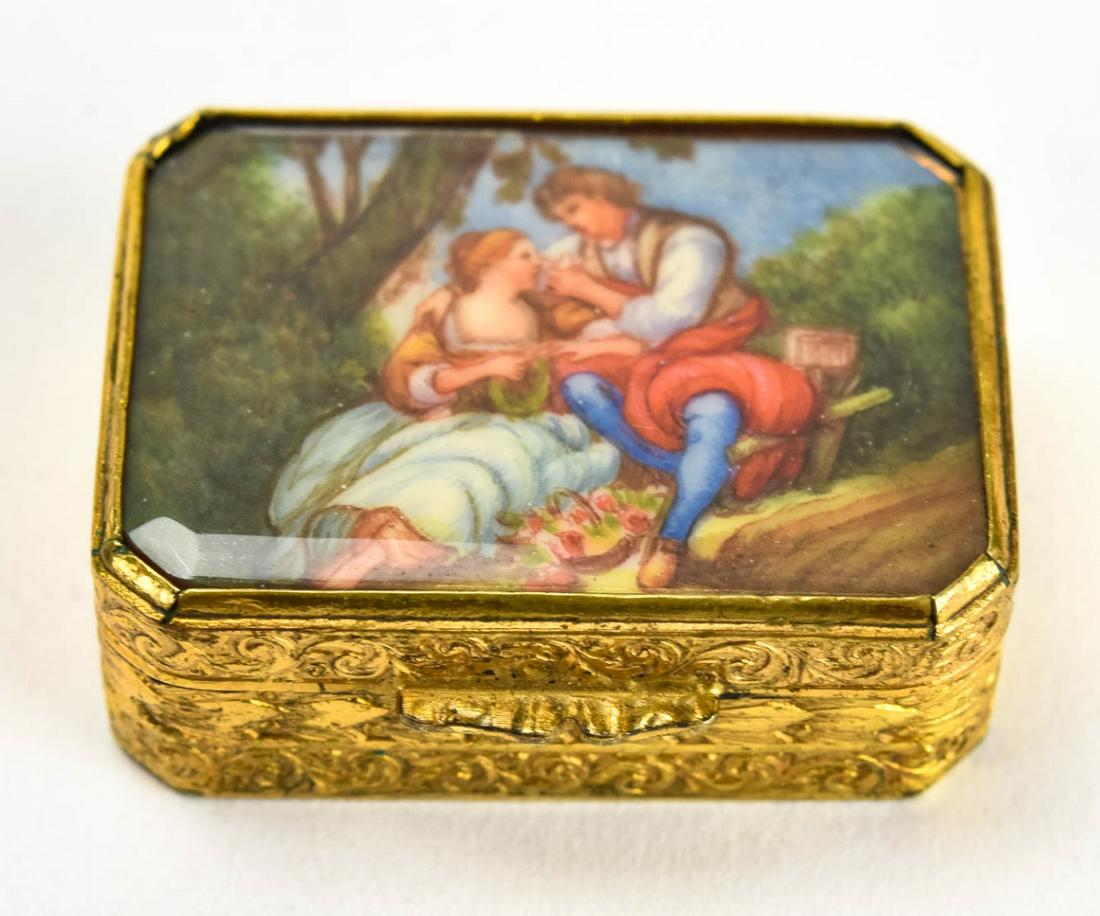 Vintage Italian Gilt Metal & Portrait Pill Box: Vintage Italian Gilt Metal & Portrait Pill Box w Leather Pouch. Measures just over 1.5 inches in length