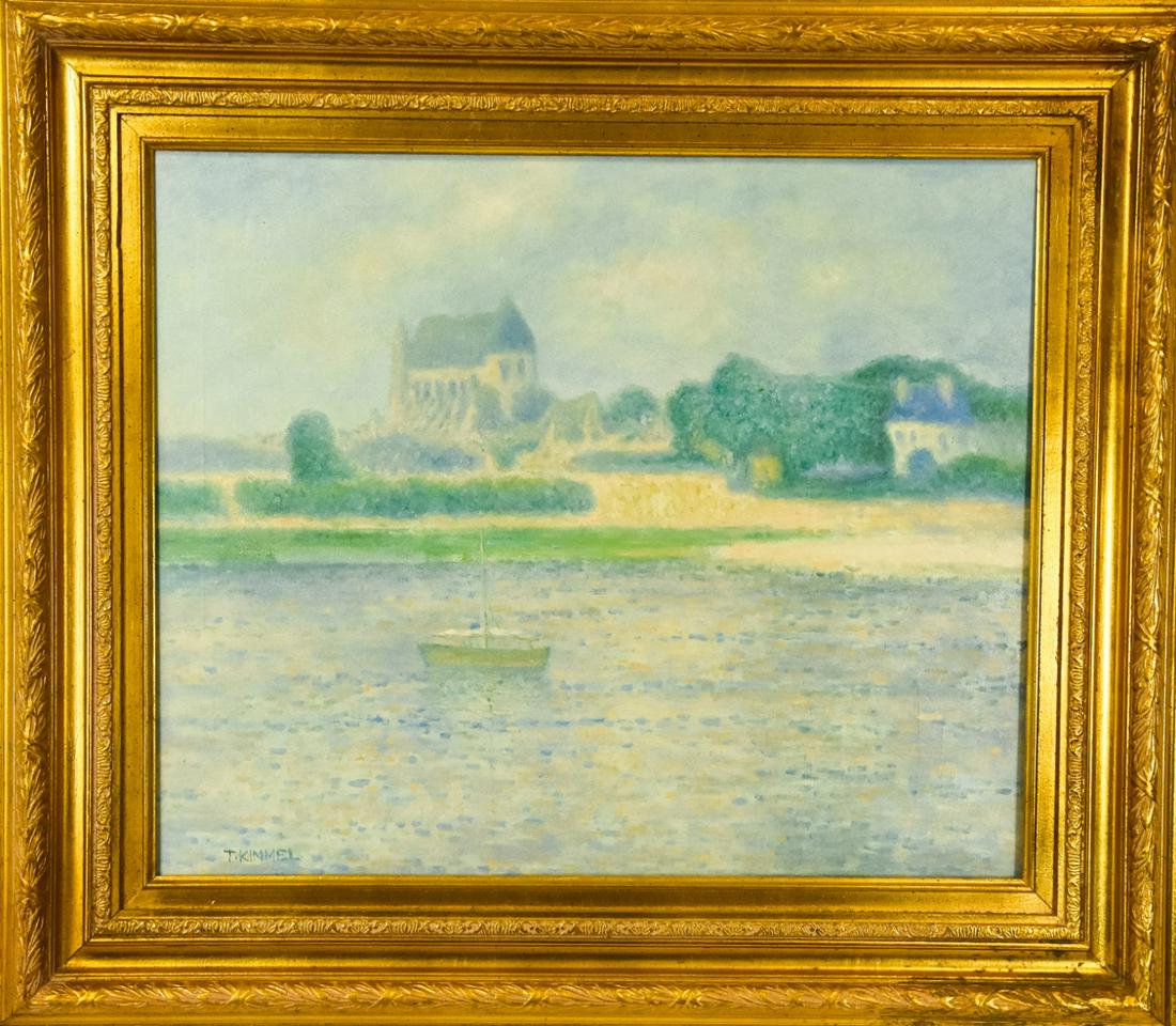 T. Kimmel Impressionist Waterfront Framed Painting: T. Kimmel Impressionist Waterfront Framed Painting. Impressionist painting of harbor with sail boat, signed by the artist.