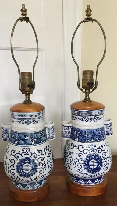 2 Blue & White Asian Porcelain Vase Mount Lamps (1 of 4)