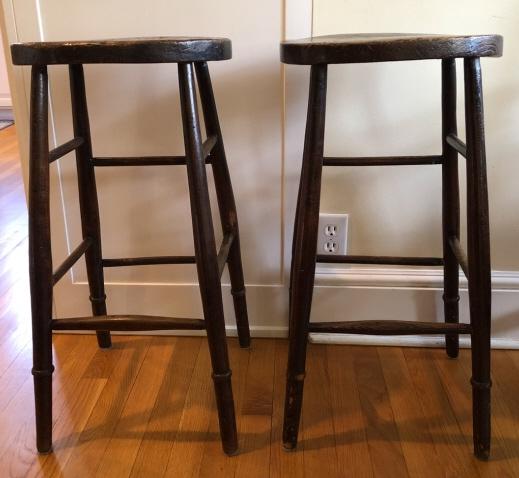 Pair Antique Hand Carved Rustic Wooden Bar Stools (1 of 4)