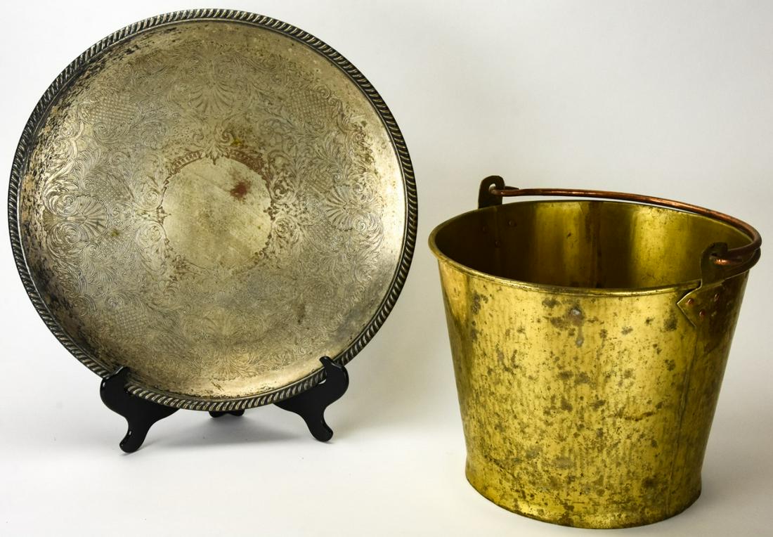 Brass Copper Bucket & Silver Plate Serving Platter (1 of 6)