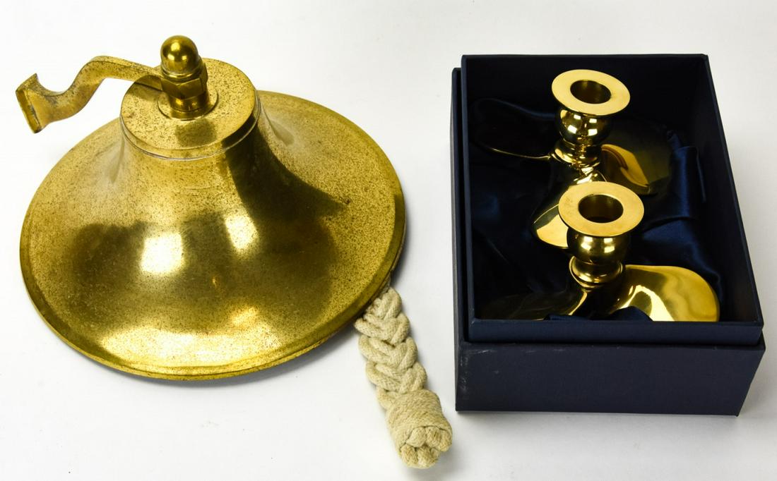 Brass Ships Bell, Brass Propeller Candlesticks (1 of 5)