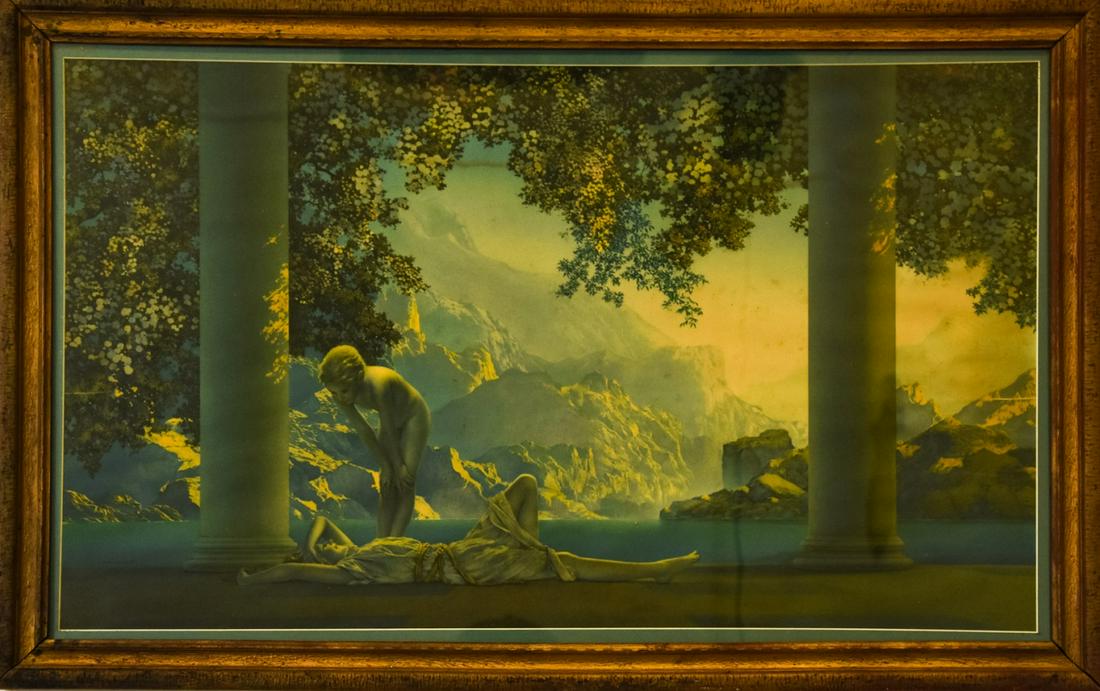 Early Maxfield Parrish "Daybreak" Print: Early Maxfield Parrish "Daybreak" Print. Print titled "Daybreak" by Maxfield Parrish. Frame measures 20.5 inches x 32.5 inches.