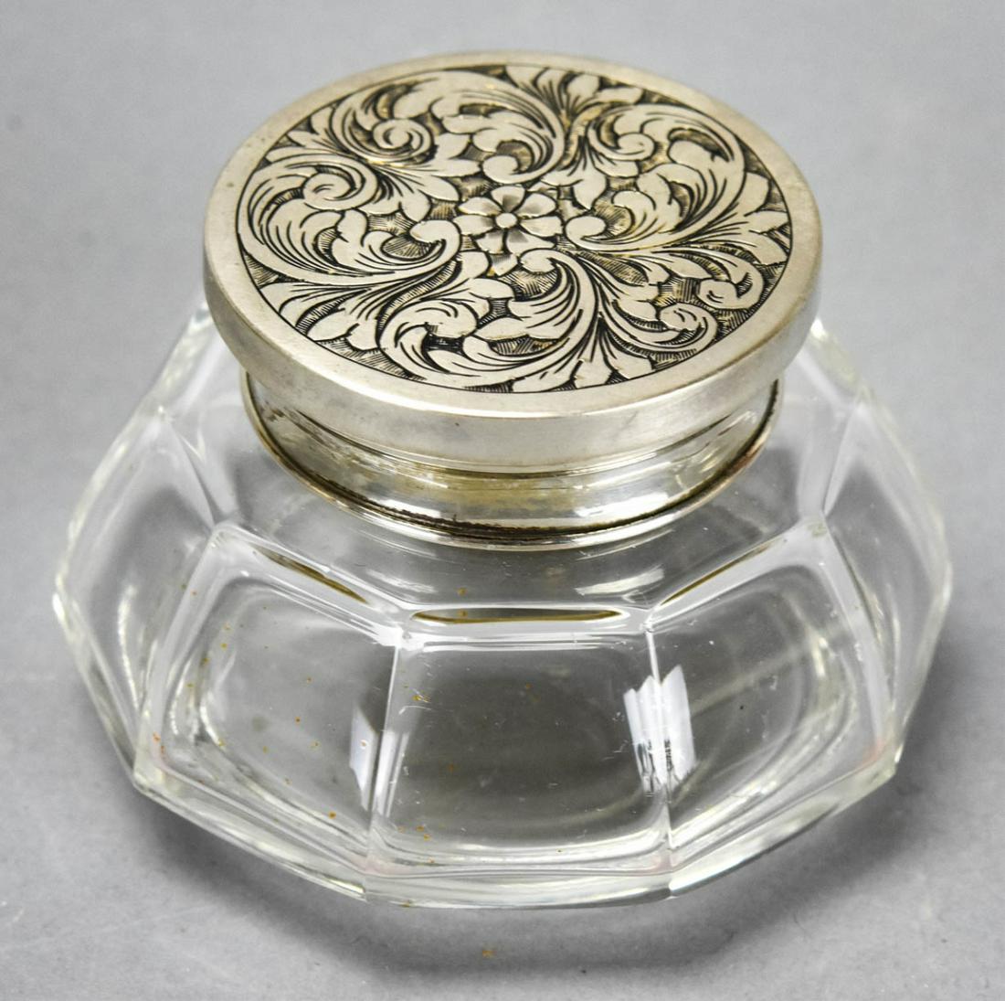 Antique Chased 800 Silver & Crystal Dresser Jar: Antique Chased 800 Silver & Crystal Dresser Jar. Measures 2.75 inches in diameter
