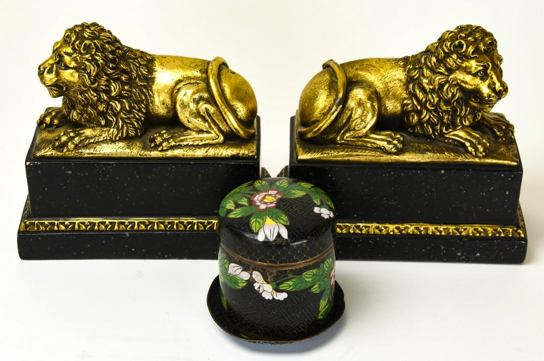 Pair of Gold Lion Books Ends & Two Cloisonne Items (1 of 6)