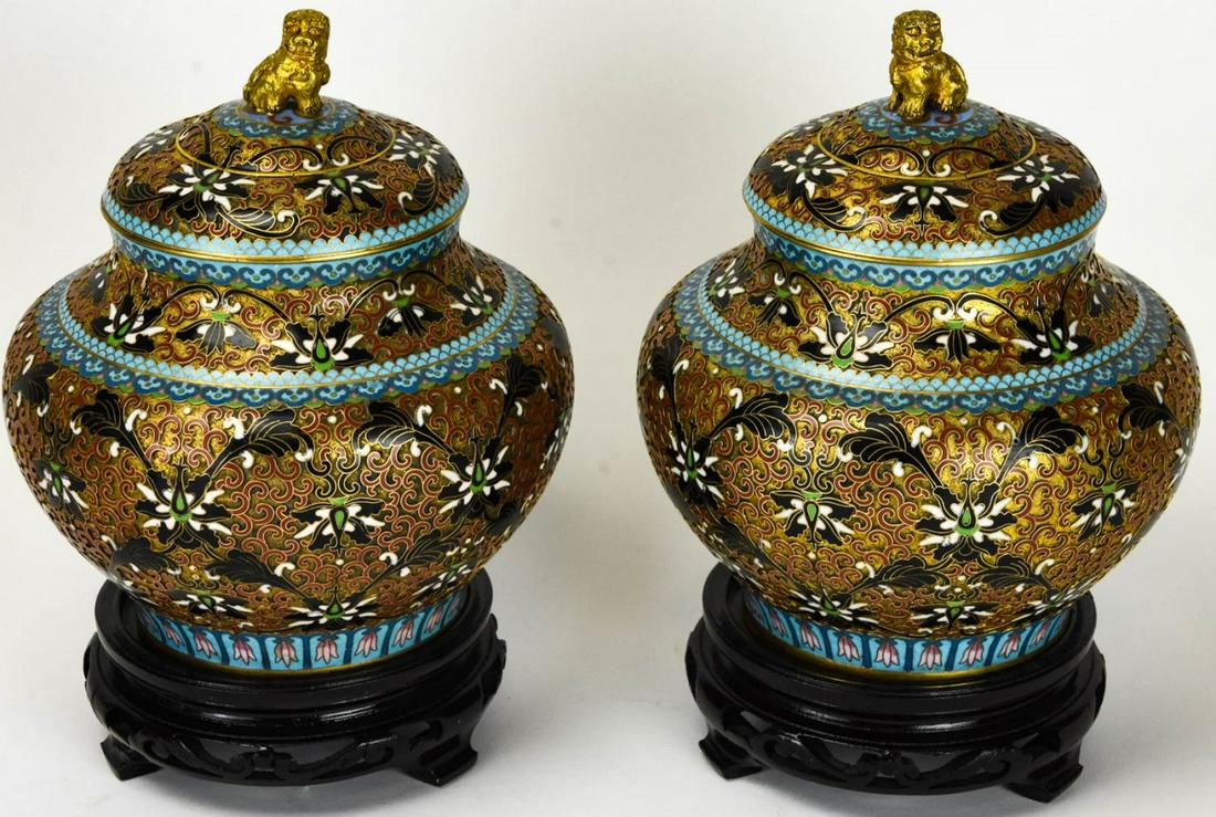 Pair Chinese Cloisonne Ginger Jars W Stands (1 of 7)